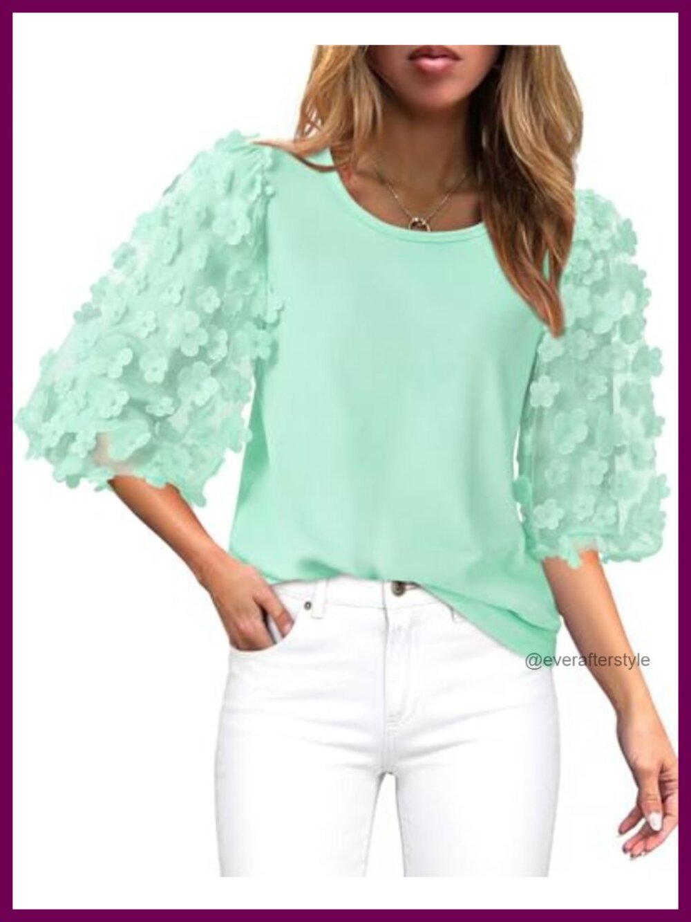 Womens Cotton Blend Blouse 3/4 Puff Sleeve Mesh Applique Crew Neck Top